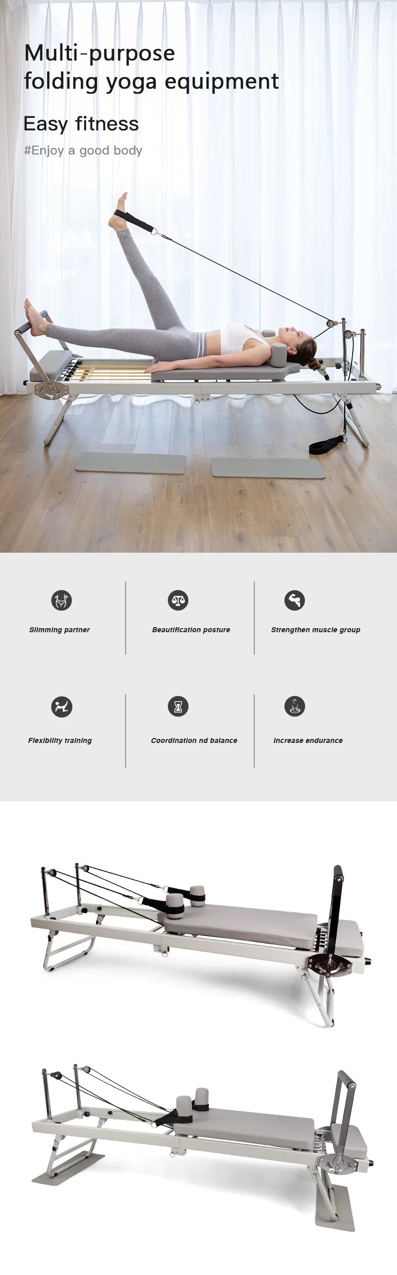 Large Folding Pilates Reformer Equipment Core Yoga Bed Home Fitness Weight Loss Steel ABS Steels Material Pilates Machine