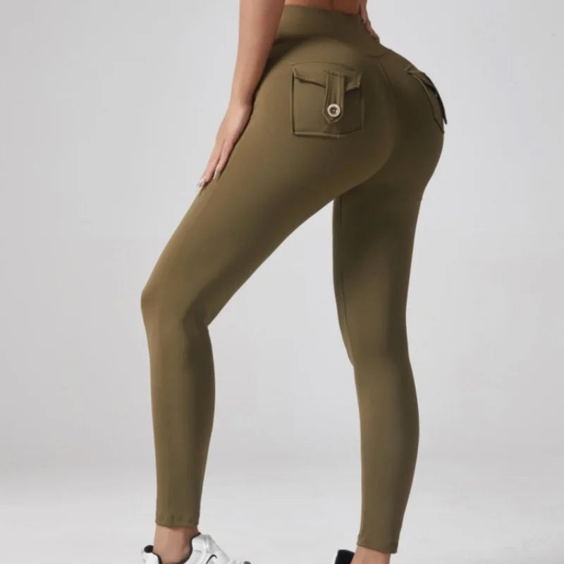 Women's High Waist Tummy Control Cargo Yoga Leggings Spandex Solid Gym Tights Sports Running Workout Pants With Pockets