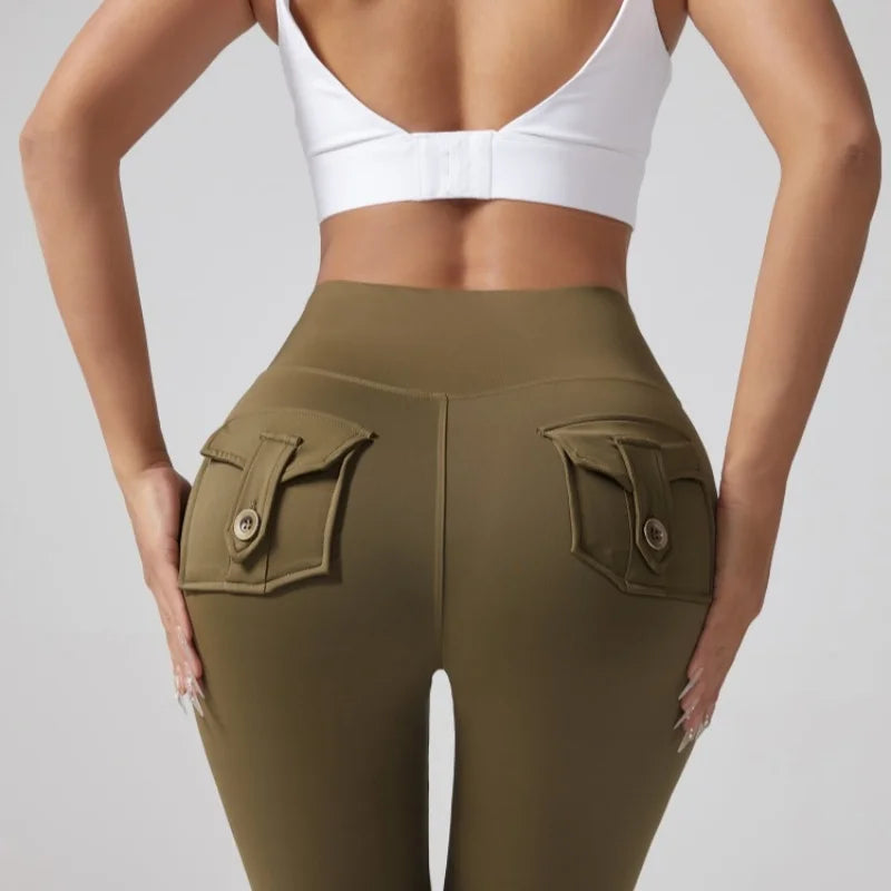 Women's High Waist Tummy Control Cargo Yoga Leggings Spandex Solid Gym Tights Sports Running Workout Pants With Pockets