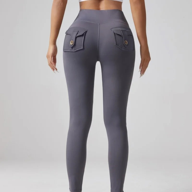 Women's High Waist Tummy Control Cargo Yoga Leggings Spandex Solid Gym Tights Sports Running Workout Pants With Pockets