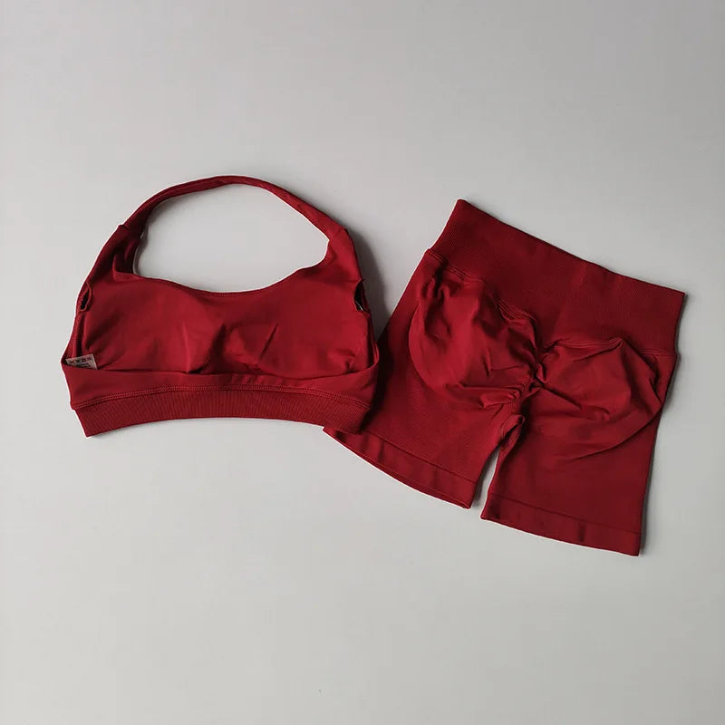 2 Pieces Yoga Suit for Women Seamless Fitness Gym Clothes Halter Sports Bra Matching Impact Shorts Workout Sets Gym Outfit