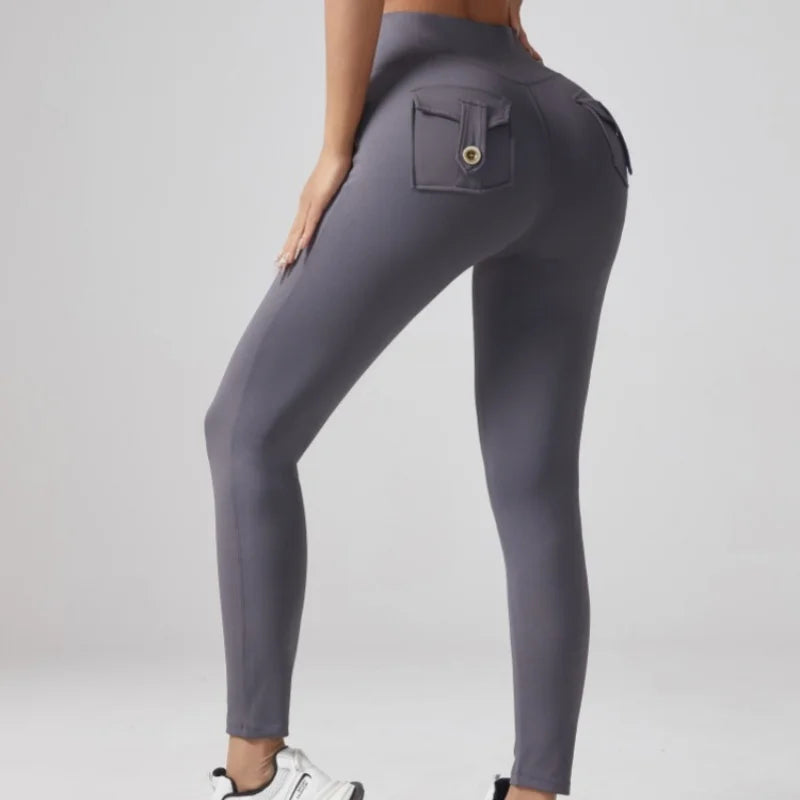 Women's High Waist Tummy Control Cargo Yoga Leggings Spandex Solid Gym Tights Sports Running Workout Pants With Pockets