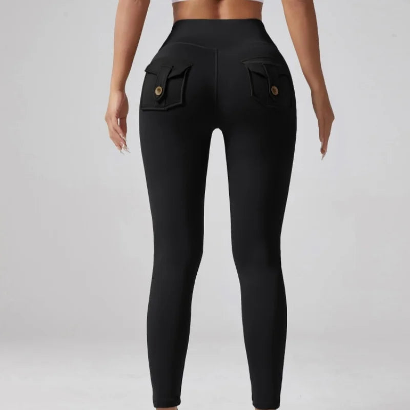 Women's High Waist Tummy Control Cargo Yoga Leggings Spandex Solid Gym Tights Sports Running Workout Pants With Pockets