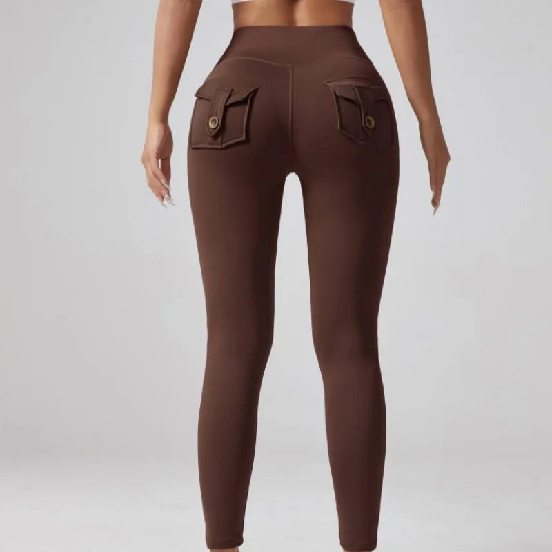Women's High Waist Tummy Control Cargo Yoga Leggings Spandex Solid Gym Tights Sports Running Workout Pants With Pockets