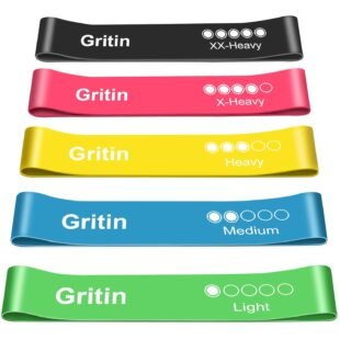 Gritin Resistance Bands, Set of 5 Skin-Friendly Resistance Fitness Exercise Loop Bands with 5 Different Strength Levels - Carrying Case Included - Ideal for Home, Gym, Yoga,...